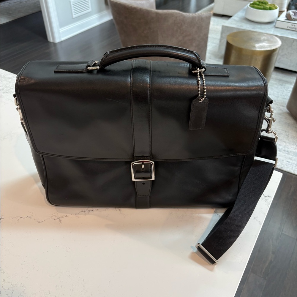 Black Leather Briefcase with Flap Closure and Detachable Strap